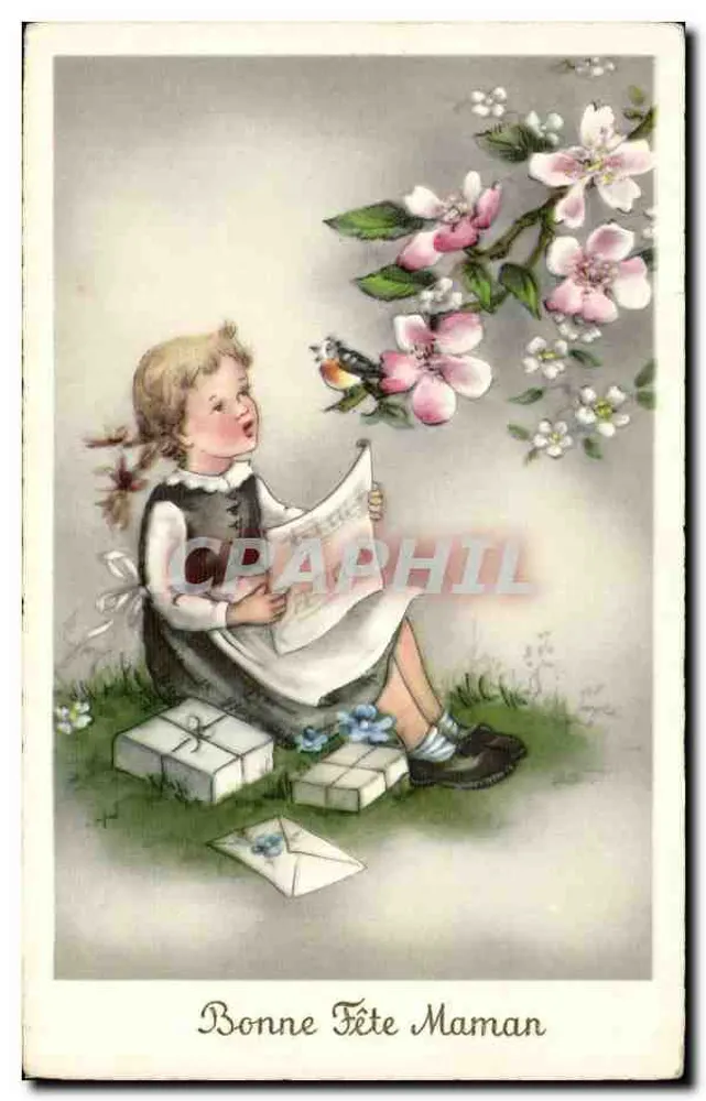 Mädchen, das einen Brief unter Blumen liest — Frohe Muttertag — Verlag Hermann, Nr. 4850, Dresden - Vorderseite