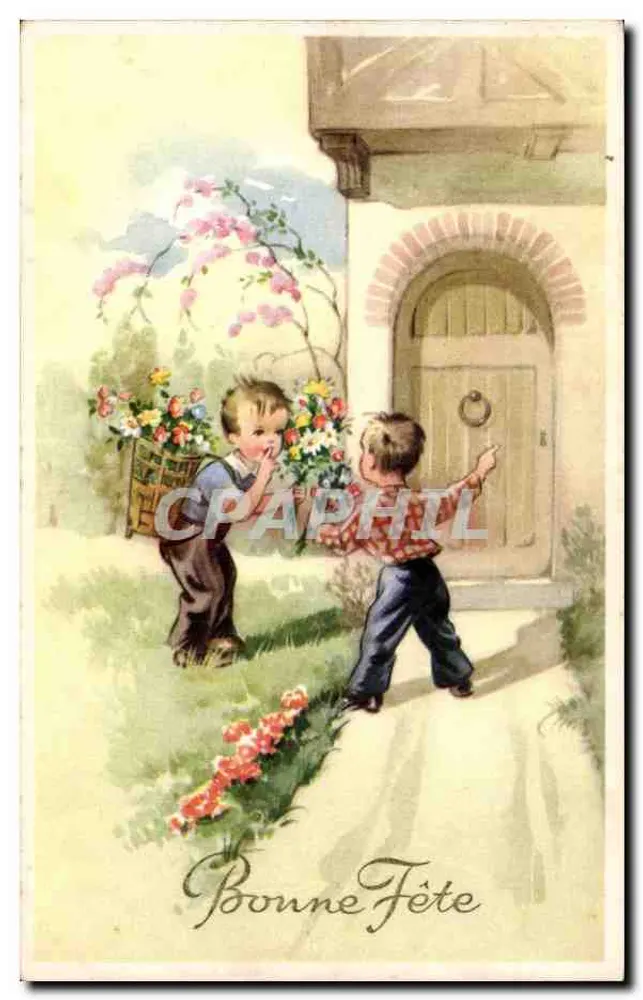 Zwei Kinder vor einer Tür — mit Blumenstrauß — Verlag nicht sichtbar - Vorderseite