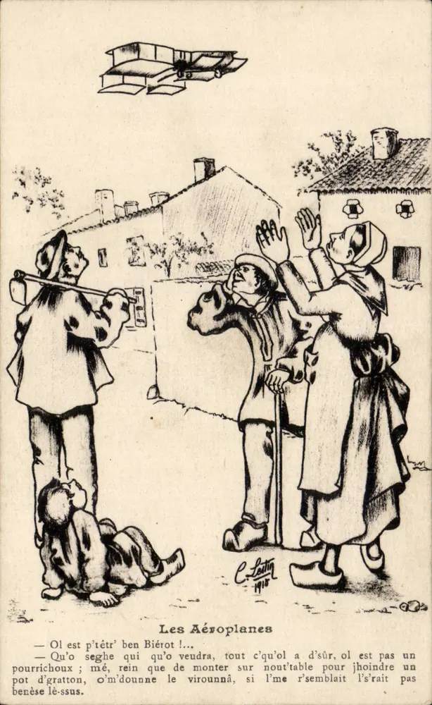 Die Flugzeuge — Karikatur von Vögeln und Männern — C. Lattin 1910 - Vorderseite