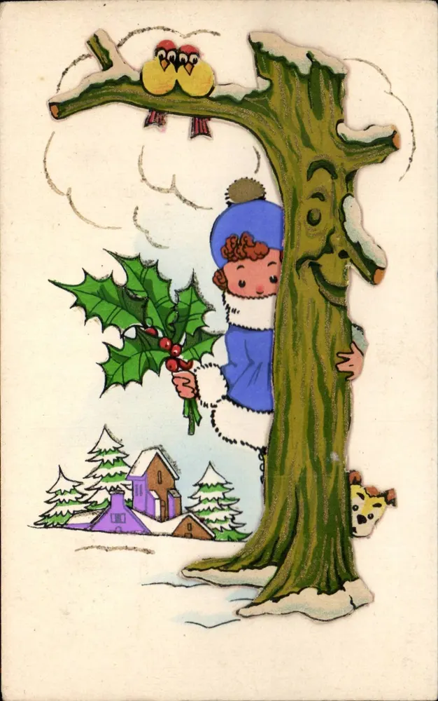 Kind hinter einem Baum im Winter — Verlag OZA, Nr. 614 - Vorderseite
