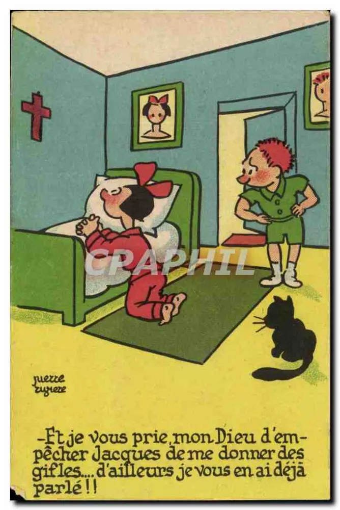 Kind in Schlafanzug in einem Zimmer — humorvoller Szenen mit einem Jungen und einer Katze — Zeichnung von Juetze - Vorderseite