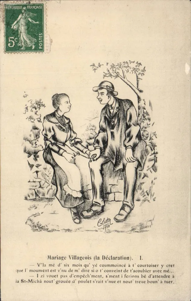 Ländliche Hochzeit (Die Erklärung) — Verlag: C. Lestin, 1910 — 5c grüner Poststempel der Französischen Republik - Vorderseite
