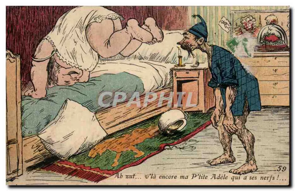 Cena humorística — mulher em robe de dormir em cama, homem em chapéu de dormir — editor Artiaud e Nozais, n° 59 - Frente