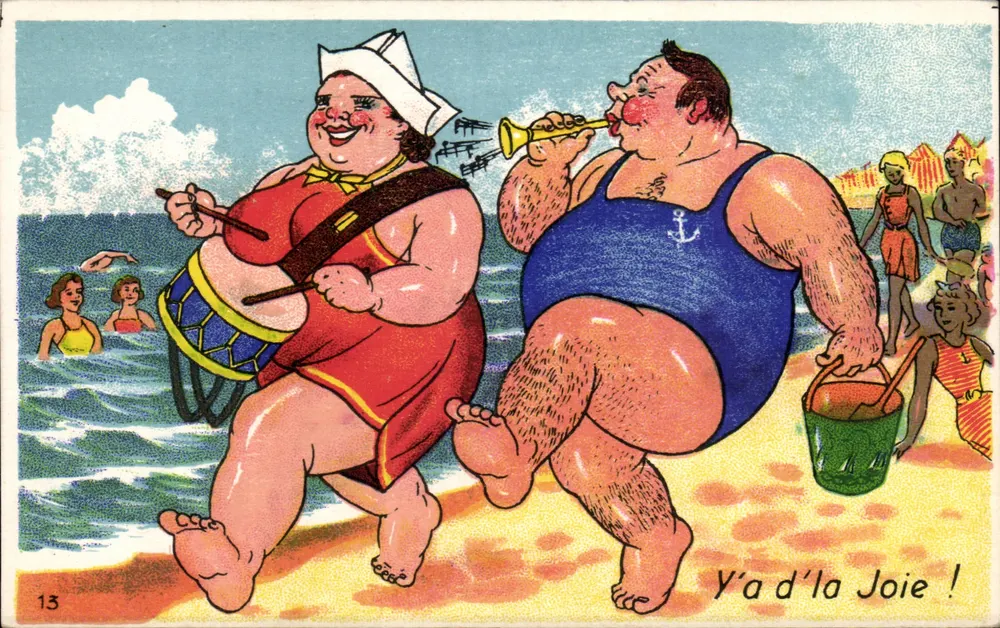 Lebendiger Strand — zwei Personen in Badeanzügen, die Musik spielen — Verlag A.P.F. Nr. 13 - Vorderseite