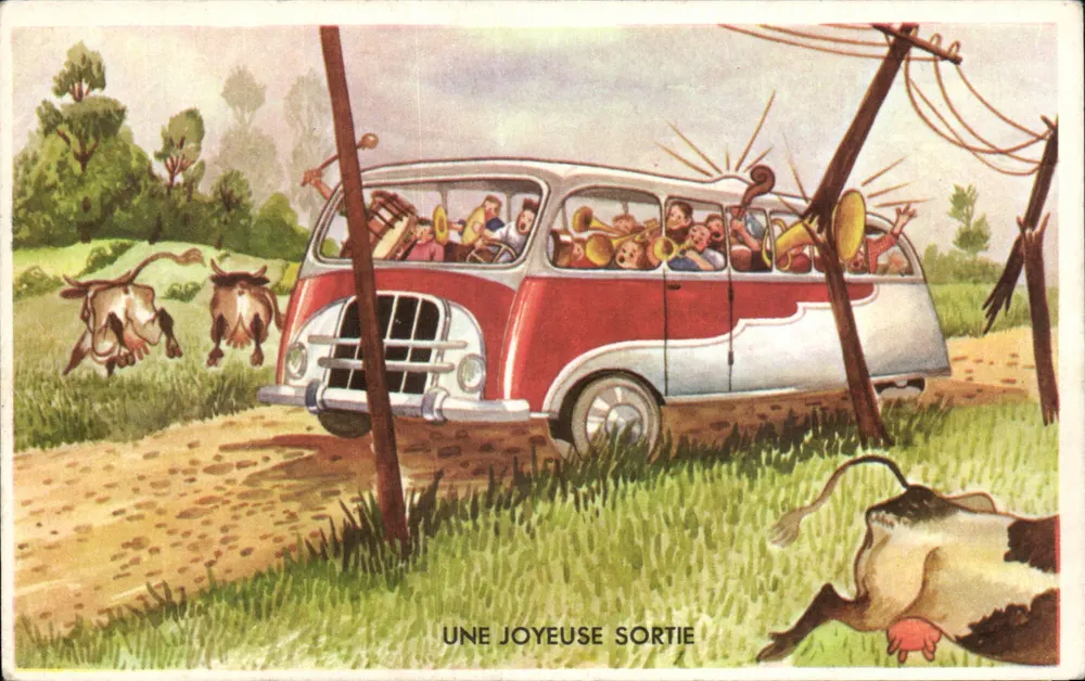 Ein fröhlicher Ausflug — Eine lebendige Szene mit einem Auto und Kühen — Verlag H.3, Paris - Vorderseite