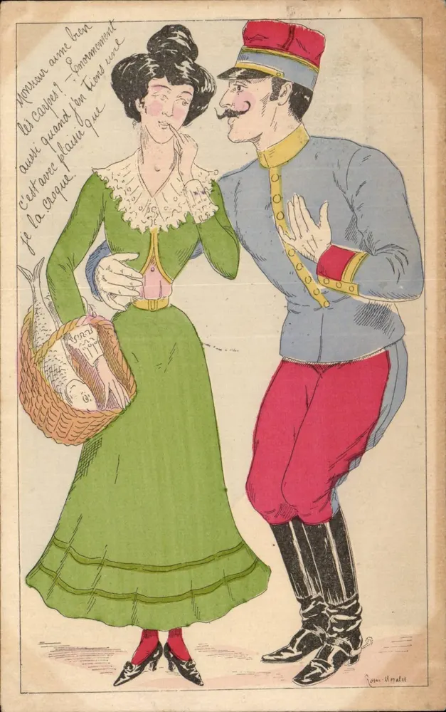 Soldat und Frau mit Fischkorb — humorvoller Szene — Zeichnung von René Ménard - Vorderseite