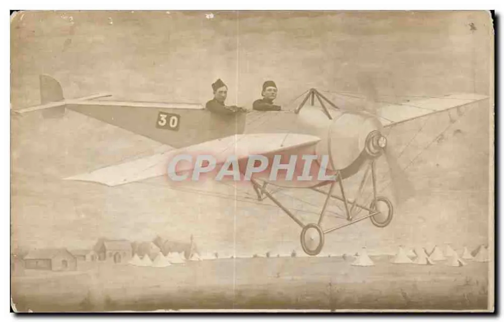 Dois aviadores em um avião biplano — n°30 — editor não visível - Frente