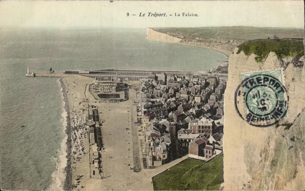Le Tréport - A Falaise — vista aérea da praia e do porto — editor desconhecido, n°9 - Frente