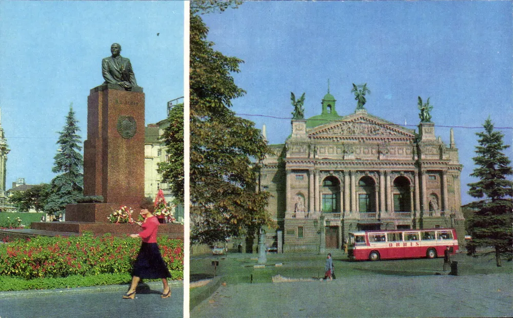 O ópera e o teatro de ballet de Estado I. Franko em Lviv — Monumento a Lênin — Editor não visível - Frente