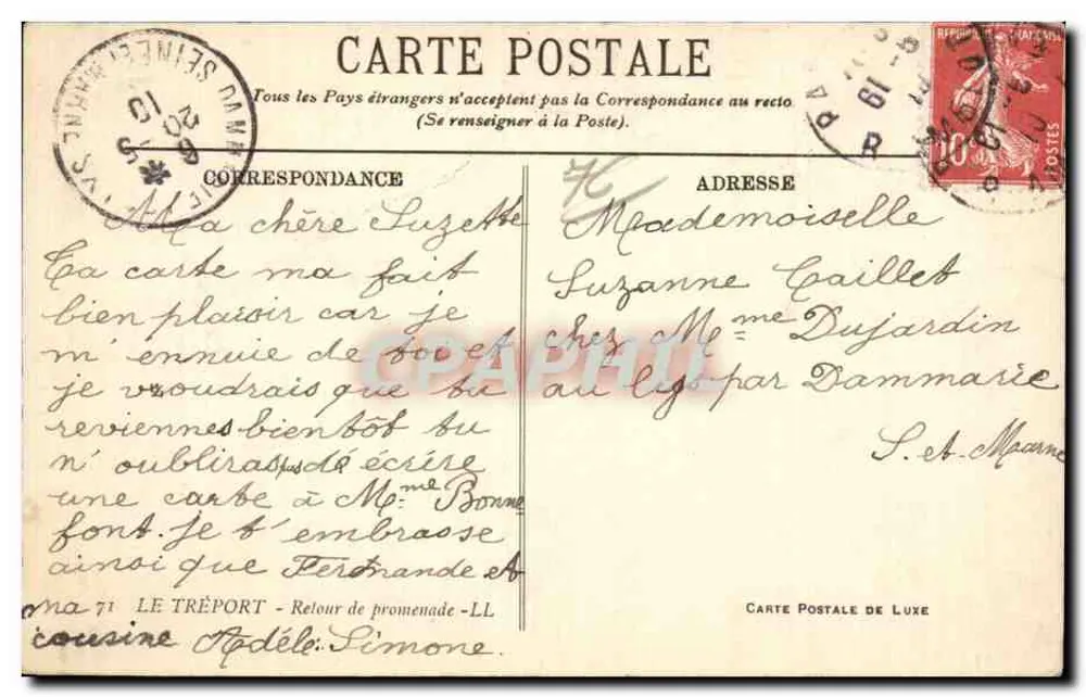 Le Tréport — Retorno de passeio — Carta Postal de Luxo - Verso