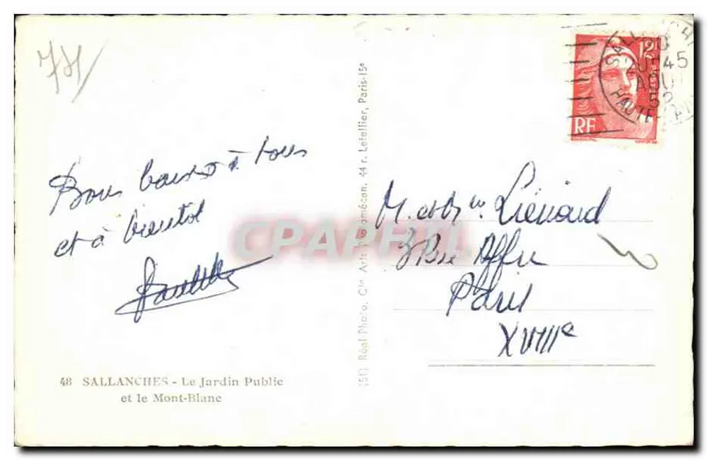 Sallanches - O Jardim Público e o Mont-Blanc — Bilhete postal antigo, n° 50 - Verso