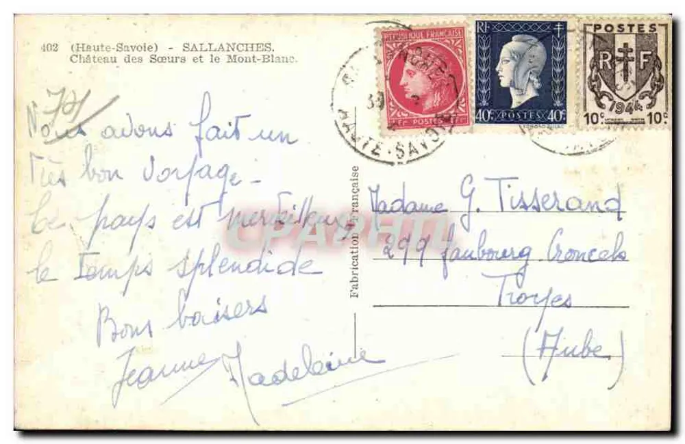 Sallanches — Castelo das Irmãs e o Mont-Blanc — Fabricação francesa n°402 - Verso