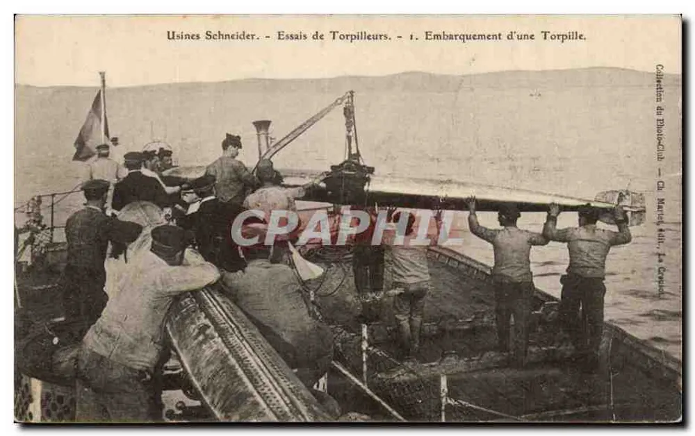 Schneider-Werke — Torpedoversuche — 1. Beförderung einer Torpedowaffe — Sammlung des Philodéclub — CD. Marcel Huy, 4e. Coppet - Vorderseite