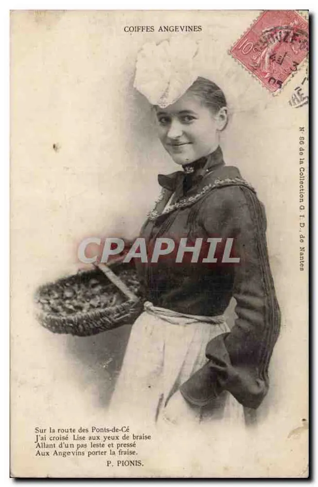 Coiffes Angevines — jovem mulher em traje tradicional segurando um cesto — P. Pionis, N° 86 da Coleção G. L. D. de Rantès - Frente