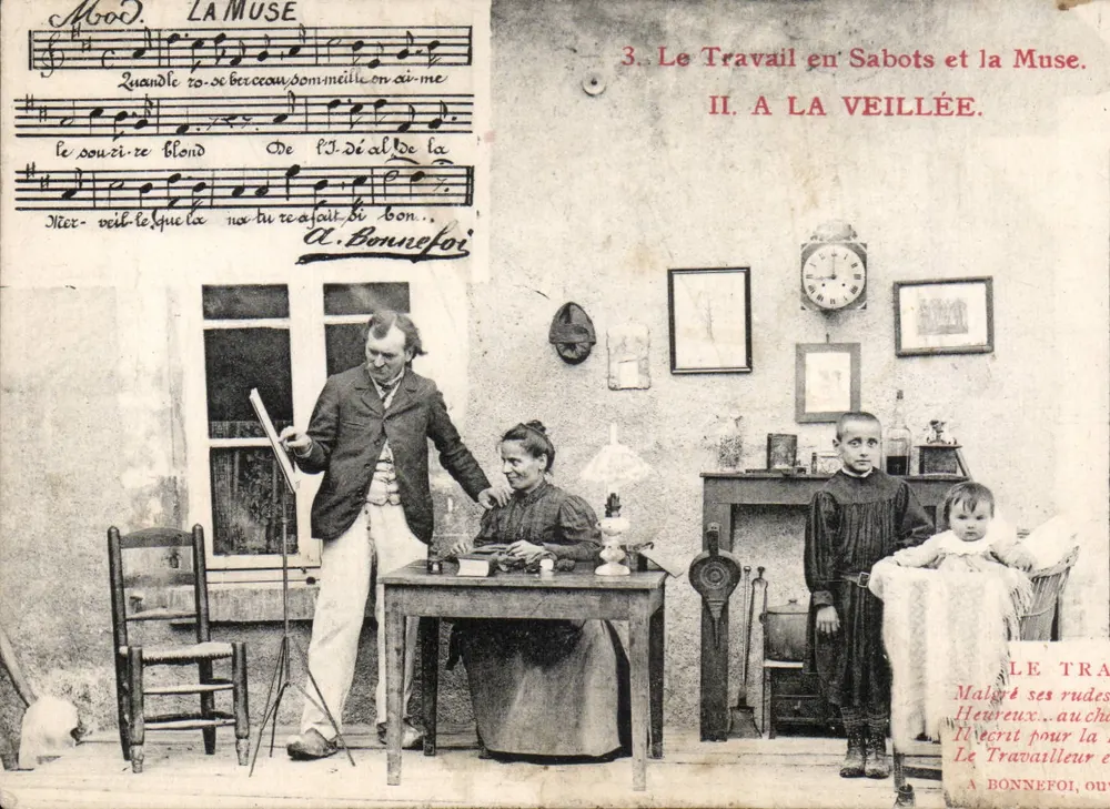 Arbeit in Holzsandalen und die Muse — II. A LA VEILLÉE. — A. Bonnefoi - Vorderseite