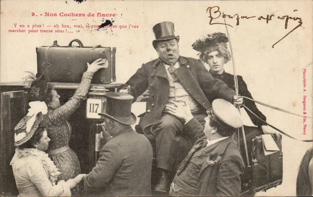 Nos Cocher de fiacre — cena cômica com cocheiro e passageiros — Fototipia A. Bergeret & Cie, Nancy - Frente