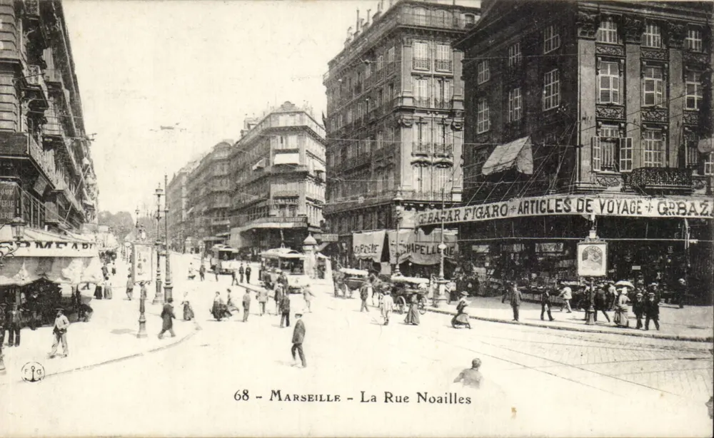 Marseille - Rue Noailles — animowany widok ulicy z sklepem 'G. Barat Figaro - Articles de Voyage' — wydawca nie widoczny, nr serii 68 - Awers