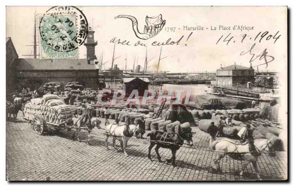 Marselha - A Praça da África — vista do porto com carruagens puxadas por cavalos — editor: C. F. C. (C. F. C. Marselha) n° 1797 - Frente