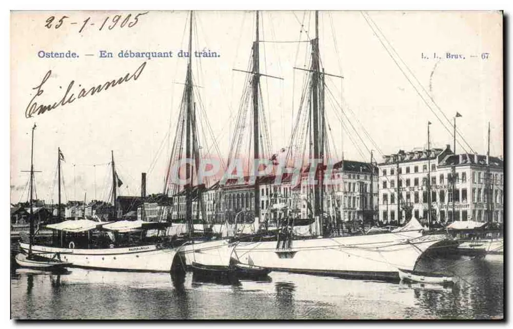 Ostende — Ao desembarcar do trem — I. L., Bruxelas, n° 67 - Frente