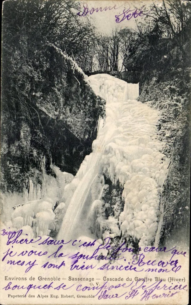 Umgebung von Grenoble — Sassenage — Wasserfall des Gouffre Bleu (Winter) — Papeterie des Alpes Eug. Robert, Grenoble - Vorderseite