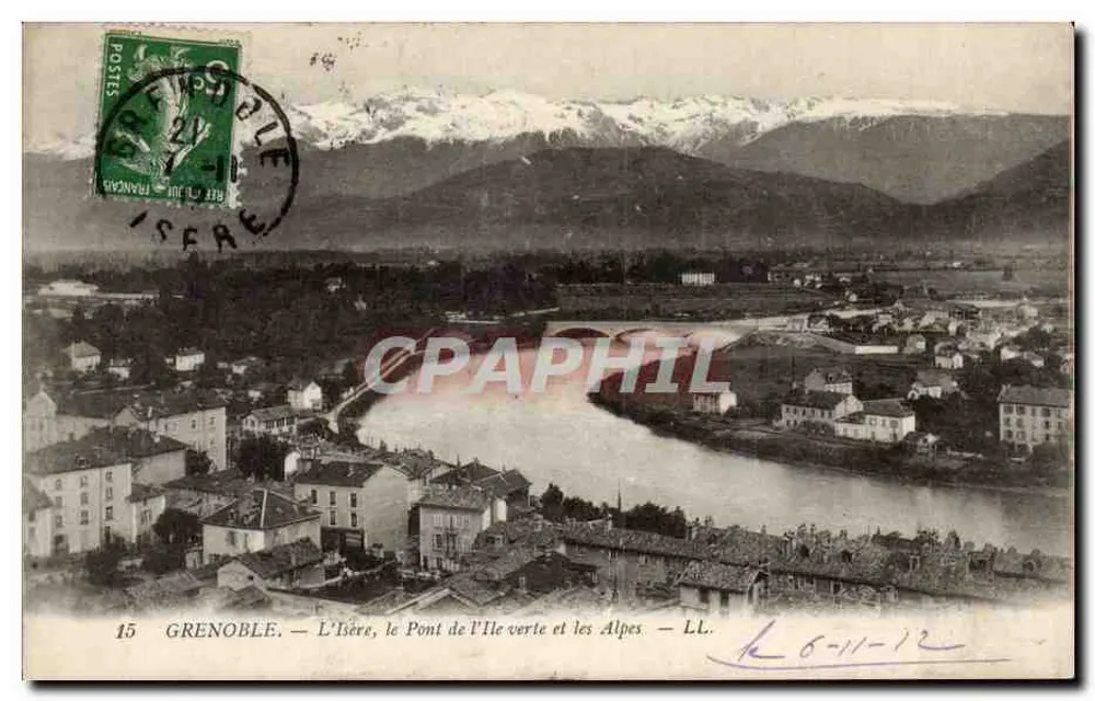 Grenoble — Die Isère, die Brücke der grünen Insel und die Alpen — LL. - Vorderseite