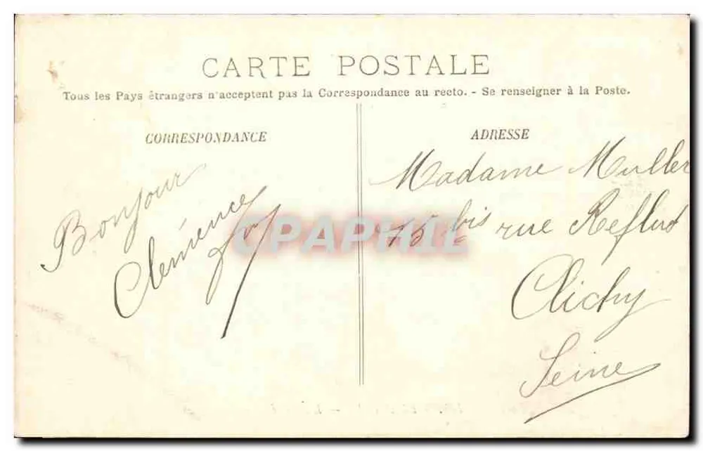 Carta postal — Correspondência — Senhora Muller, 12 bis rua Roeflad, Clichy, Seine - Verso