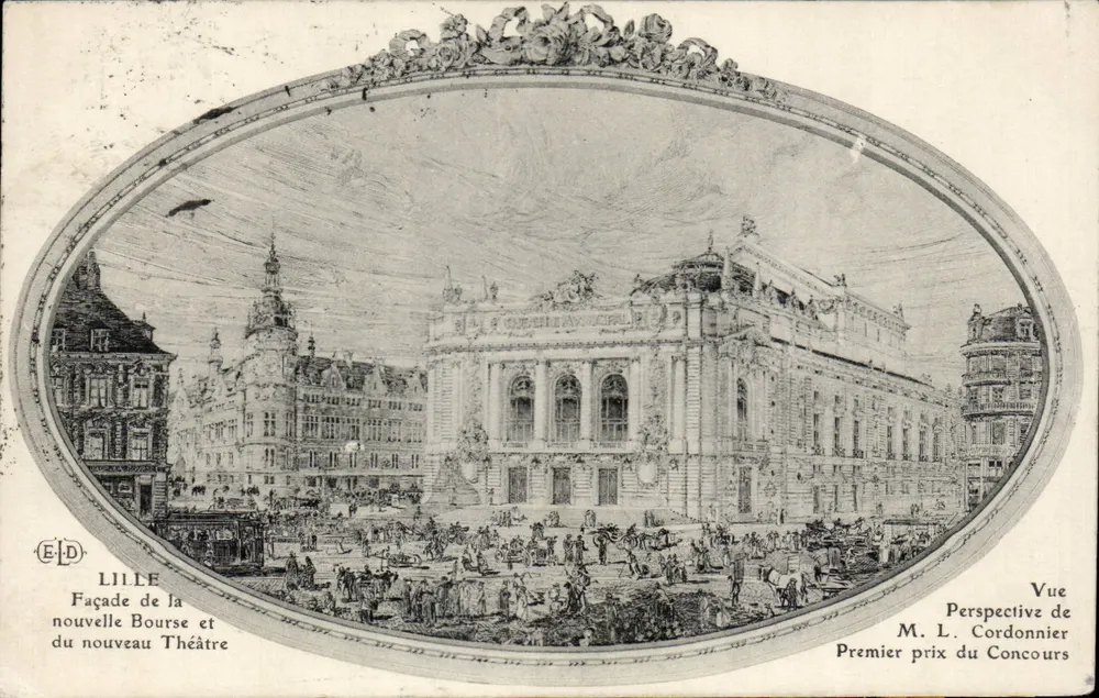 Lille — Fassade der neuen Börse und des neuen Theaters — Perspektivische Ansicht von M. L. Cordonnier, Erster Preis des Wettbewerbs - Vorderseite