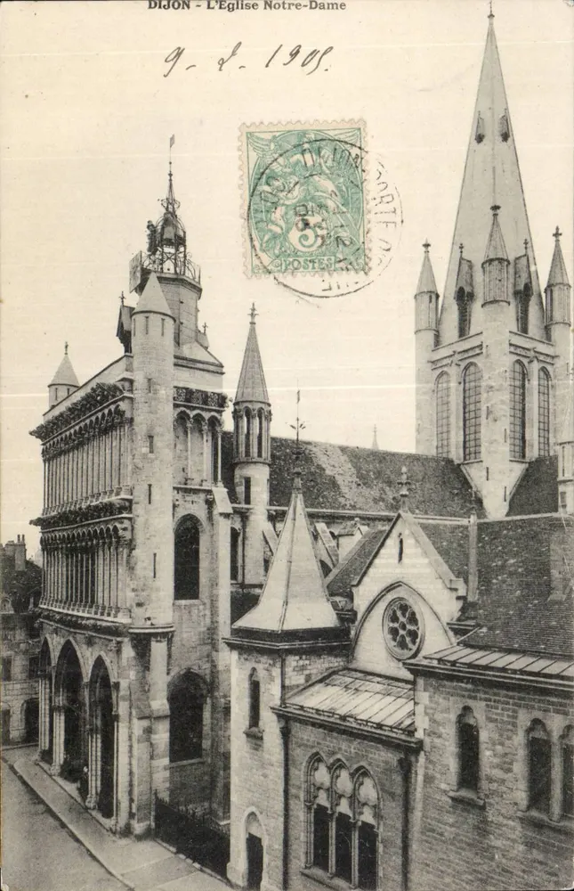 Dijon - A Igreja Nossa Senhora — vista da fachada e da torre, editor G. L. n° 1909 - Frente
