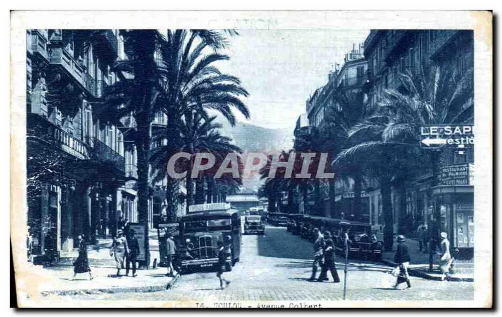 Le Toulon - Avenue Colbert — vista de rua com palmeiras e veículos da época - Frente