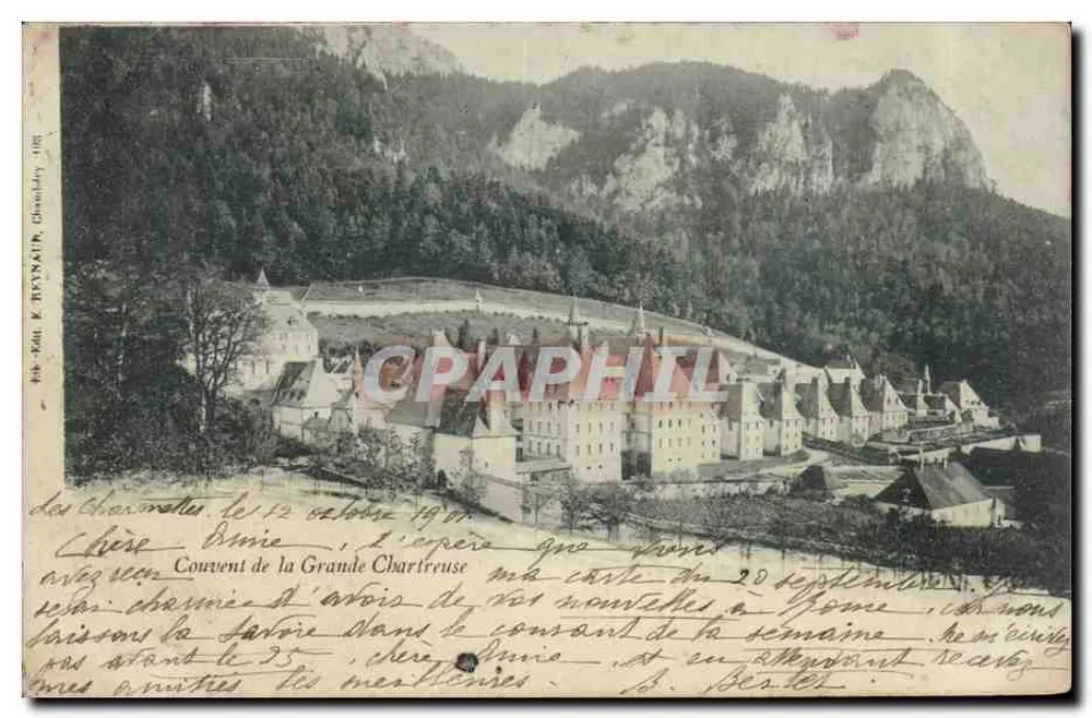 Zaklęcia Wielkiej Chartreux — widok klasztoru i gór — wydawca R. Reynal & Cie, nr 108 - Awers
