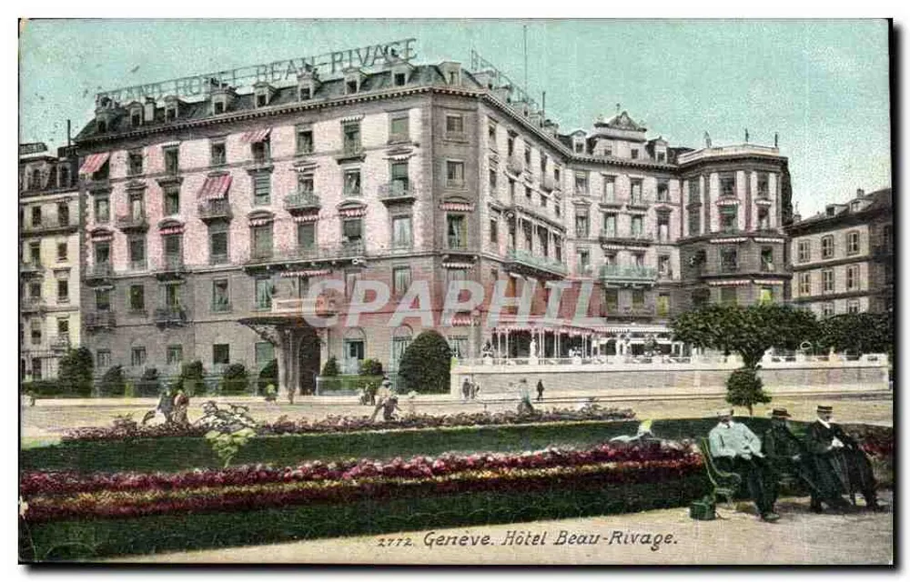 Genebra. Hotel Beau-Rivage — vista do edifício com jardim e visitantes — editor A. Dégringolade, n° 2772 - Frente