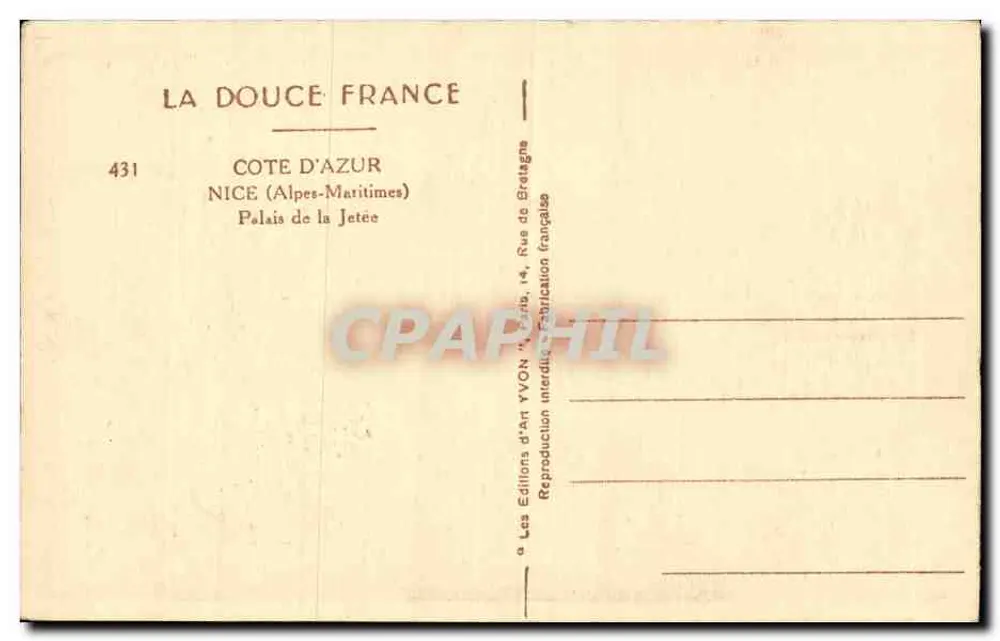 Palácio da Jetée — Nice (Alpes-Maritimes) — Edições de Arte YVON, Paris - Verso