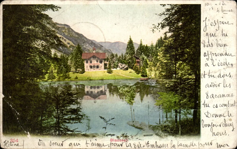 Lake Blausee — View of the lake with house and mountains — Publisher Hélène, n° 354 - Front