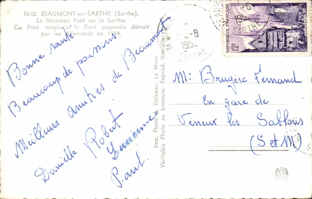 Beaumont-sur-Sarthe — Der Neue Brücke über die Sarthe — Foto A. Dolbeau, Imp. Dolbeau - Rückseite