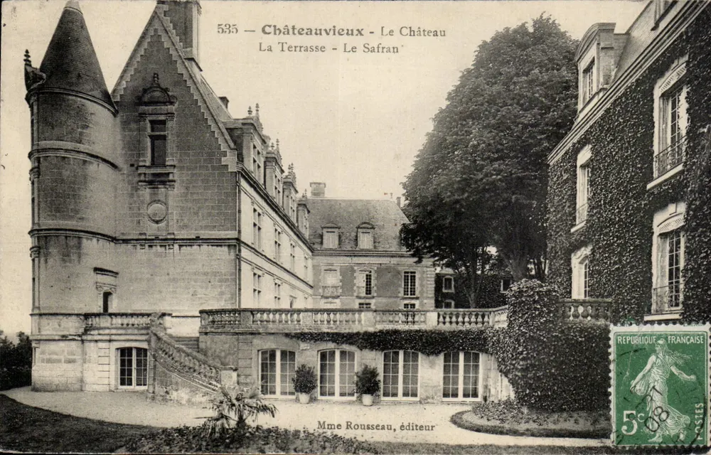 Schloss Châteauvieux — Ansicht des Schlosses und der Terrasse — Verlag Mme Rousseau - Vorderseite
