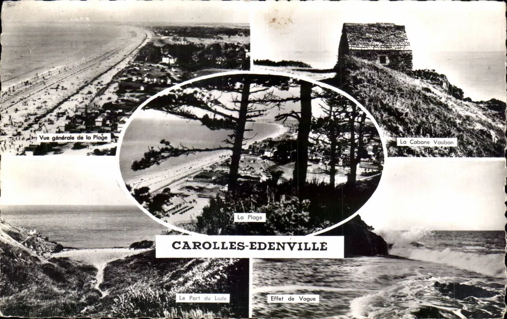 Carolles-Edenville — Vista geral da praia, a cabana Vauban, o porto do Lude — Edições Gaby, Nantes - Frente