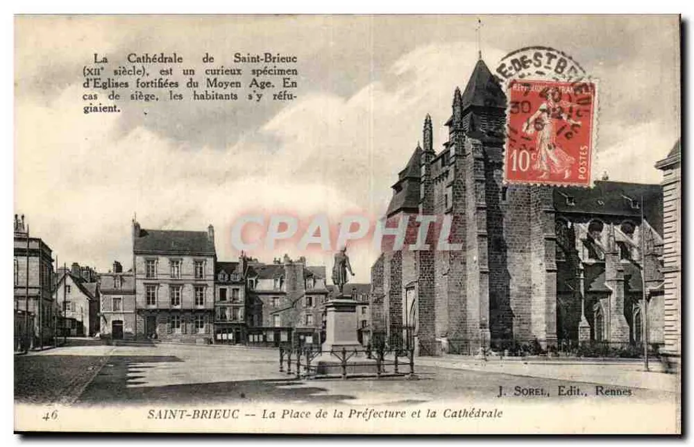 Saint-Brieuc -- Ansicht des Präfektenplatzes und der Kathedrale — J. Sorel, Verlag, Rennes - Vorderseite