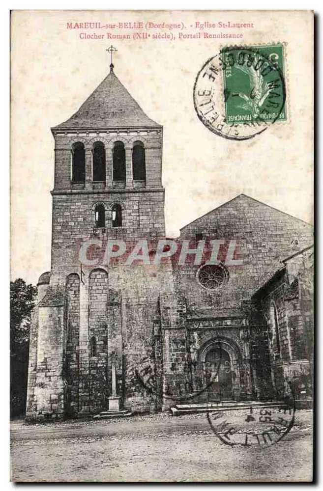 Mareuil-sur-Belle (Dordogne) — Kirche Saint-Laurent, romanischer Turm (12. Jahrhundert), Renaissanceportal — Éditions photographiques J. Dalge, Montmorin - Vorderseite