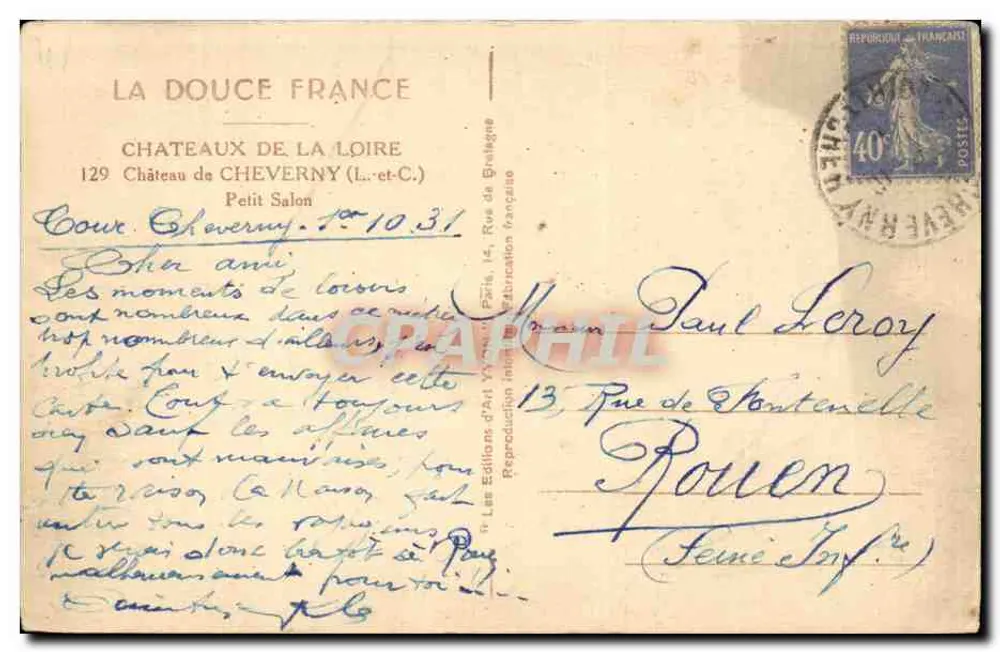 Pequeno Salão — Castelo de Cheverny — Edições de Arte Yvon - Verso