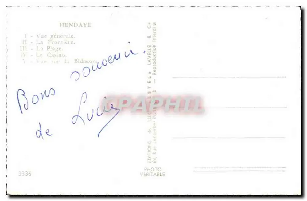 Hendayе — Pamiątka z Hendayе — Wydawnictwo Estel & Cie - Rewers
