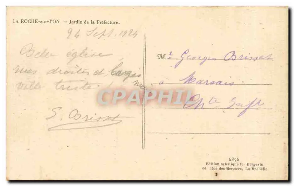 La Roche-sur-Yon — Tuin van de Prefectuur — Artistieke uitgave R. Bergevin, n° 6856 - Achterkant