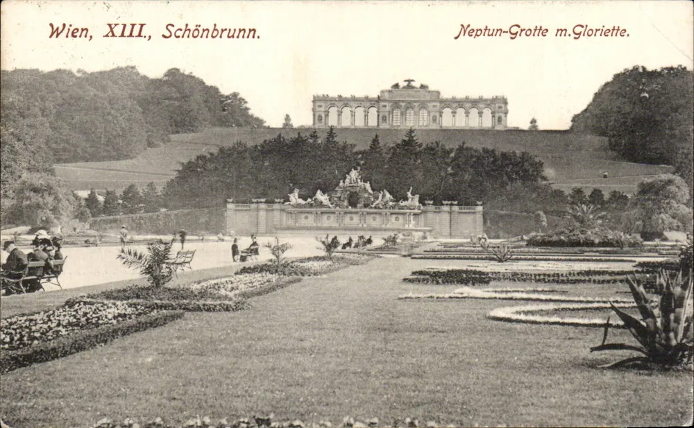 Schönbrunn — Neptun-Grotte mit Gloriette — Wien, XIII — Verlag Wolf, Verein, Wien - Vorderseite