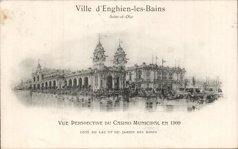 Stadt Enghien-les-Bains — Perspektivische Ansicht des Gemeindekasinos von 1909 — Seite des Sees und Rosengartens - Vorderseite