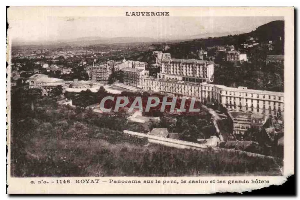 Royat — Panorama sur le parc, le casino et les grands hôtels — J. Gouttefangeas, édit., Ollingues (P.-de-D.) - Recto