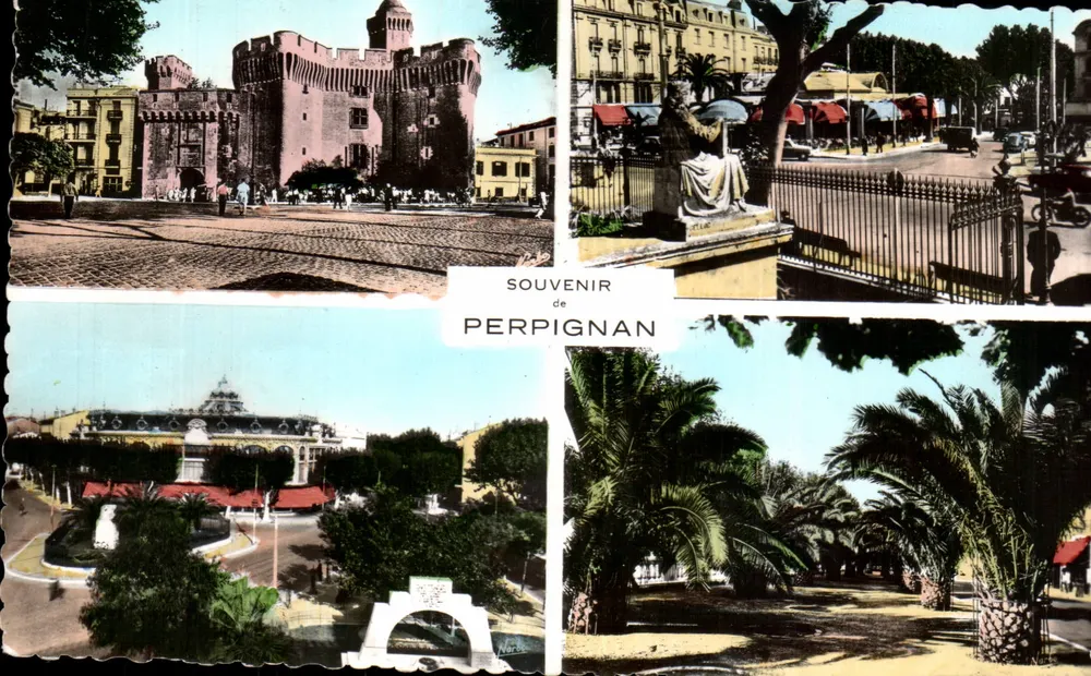 O Castillet — O Palmarium — Praça de Catalogne — Os Palmiers — Souvenir de Perpignan - Frente