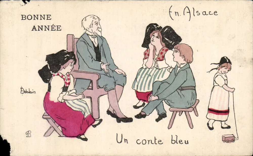 Un conte bleu — scène de conte avec un vieil homme racontant — éditeur Delalain, série en Alsace N° 13 - Vorderseite