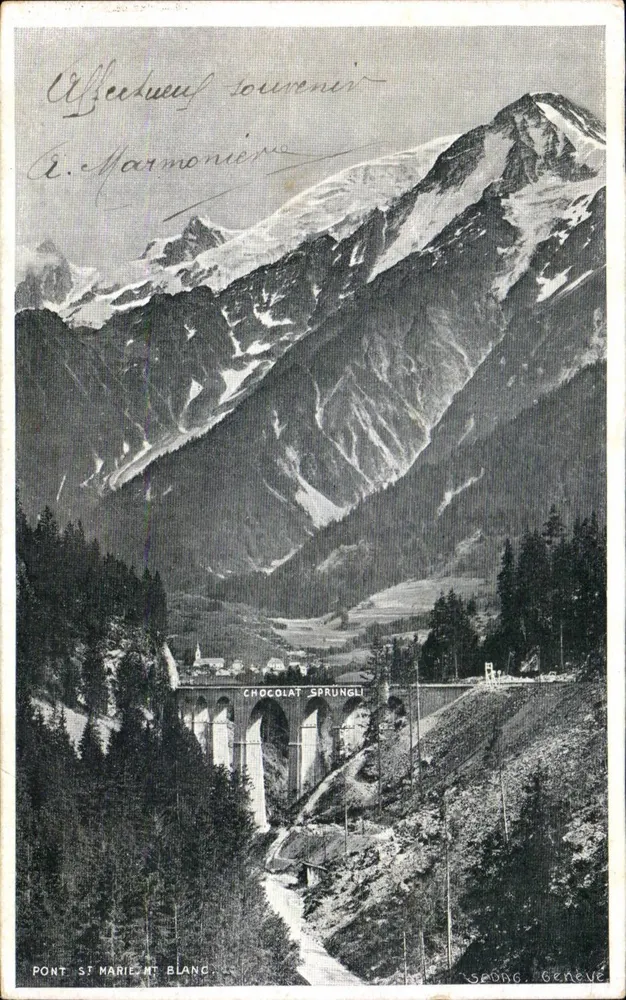 Pont Saint-Martin - Mont Blanc — vista alpina com viaduto — editor Sprungli, Genebra - Frente