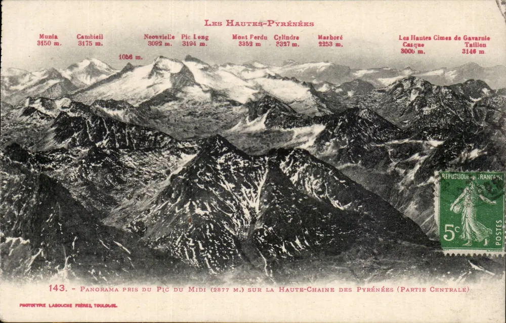 Les Hautes-Pyrénées — Panorama vom Pic du Midi (2877 m.) über die Hochkette der Pyrenäen (Zentralteil) — Phototype Labouche Frères, Toulouse - Vorderseite