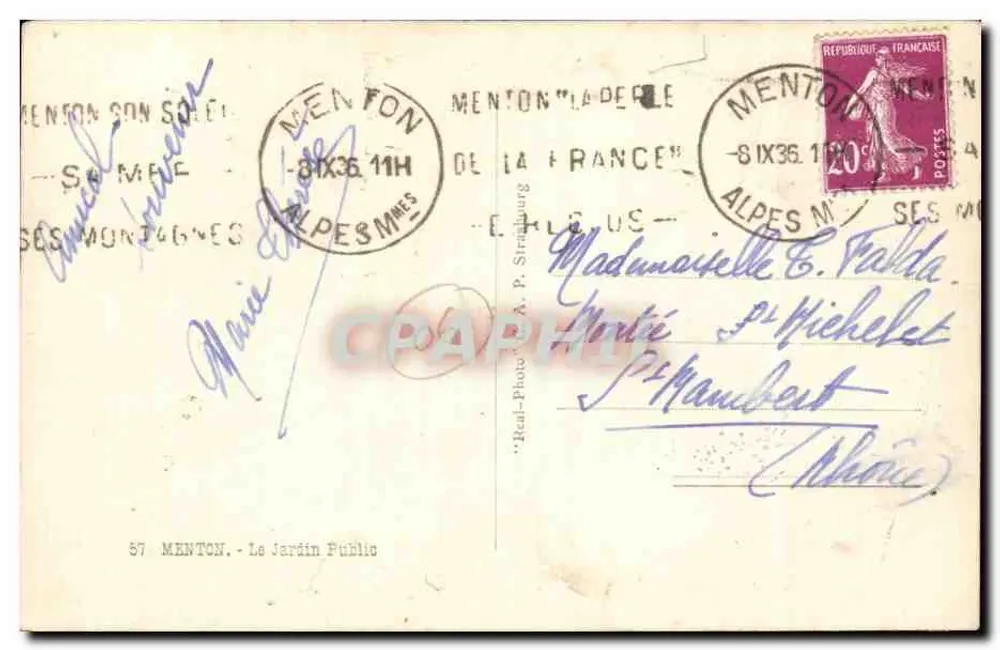 Menton - O Jardim Público — editor A.P. Strasbourg, n°57 - Verso