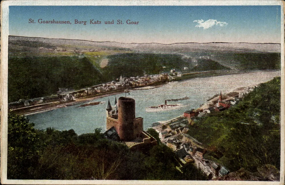St. Goarshausen, Burg Katz und St. Goar — Panoramablick auf Schloss und Fluss - Vorderseite